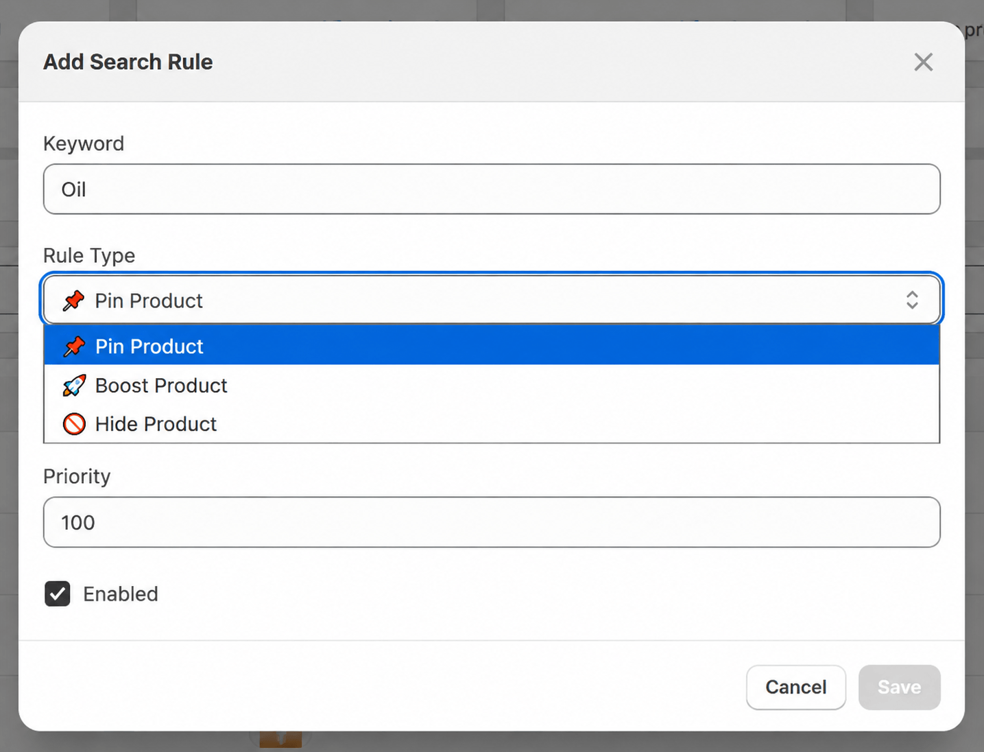 Add Search Rule window with keyword and rule type dropdown