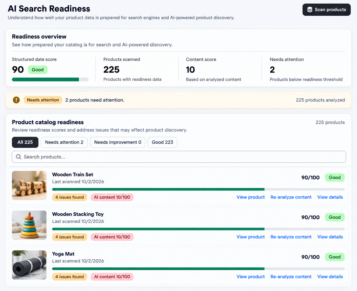 AI Search Readiness page with readiness overview and product catalog list