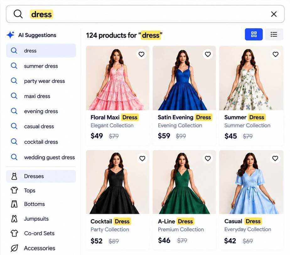 AI-powered search overlay with suggestions and instant product results