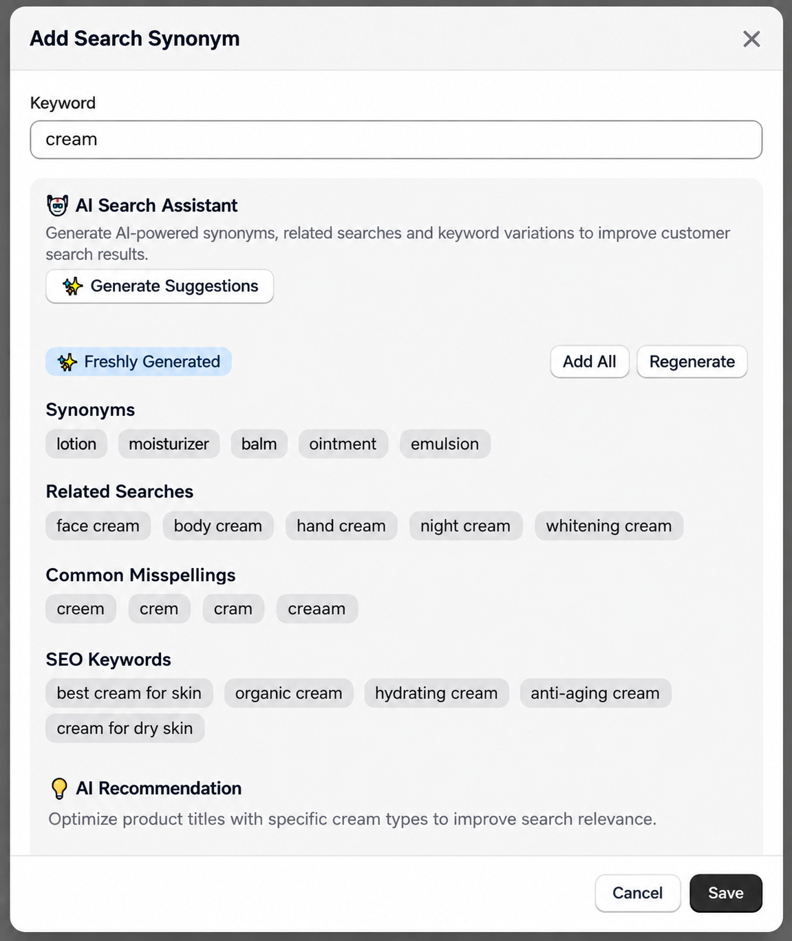 AI Synonyms: generate related search terms and preview the results