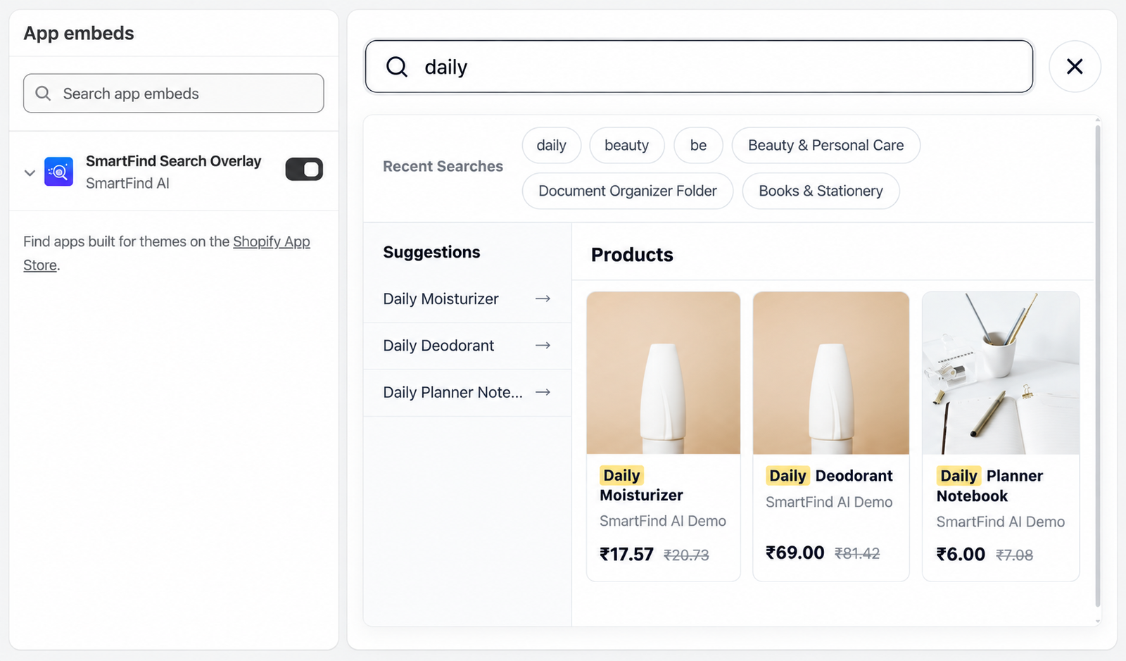 Search block placed on a store page next to the search overlay