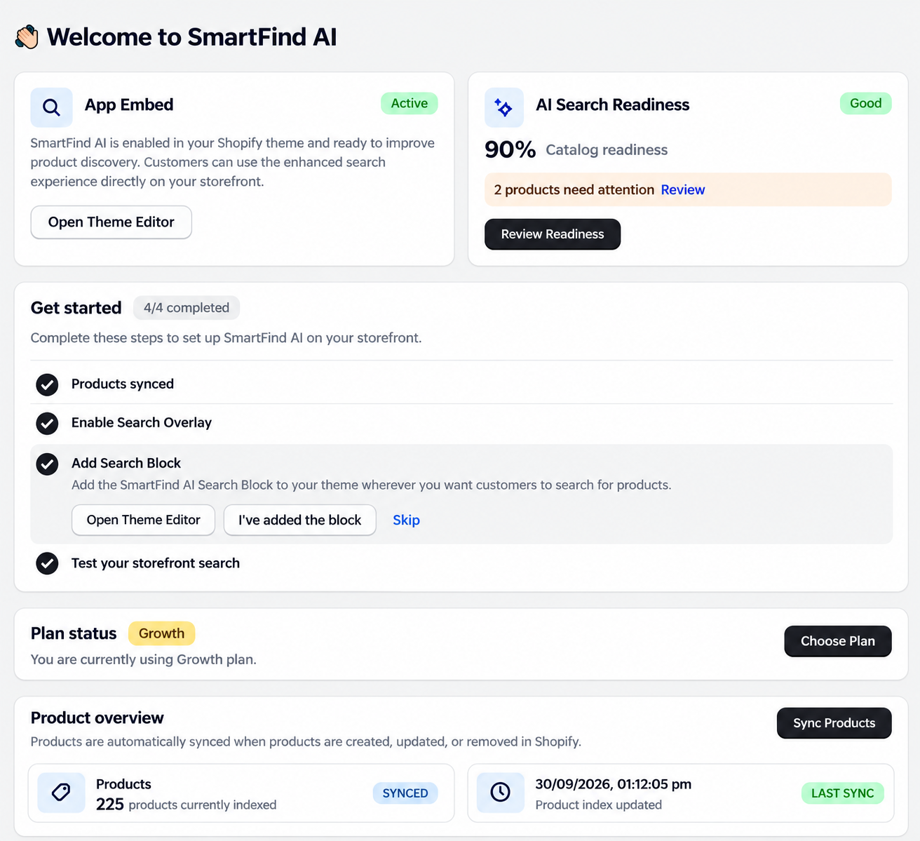 Shopify Theme Editor with the SmartFind AI app embed turned on