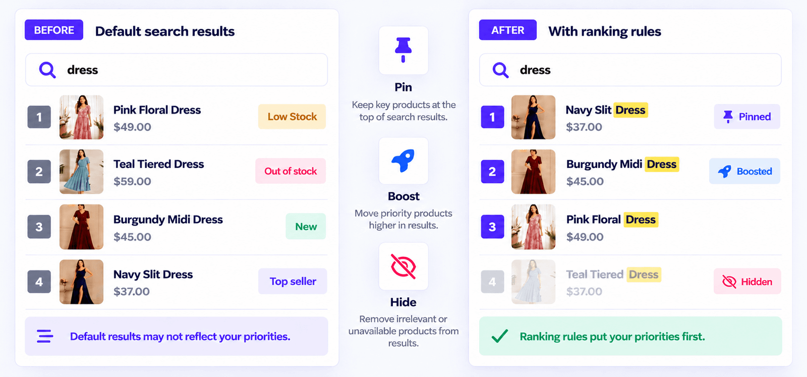 Search rules for pin, boost and hide with a live preview