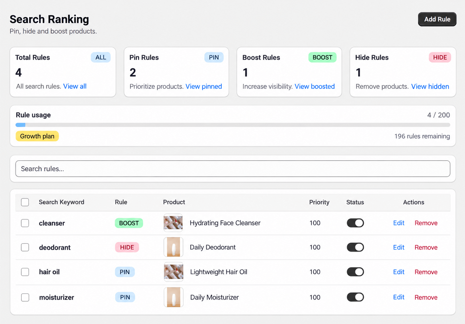 Search Ranking page with pin, boost and hide rules and a rule usage bar