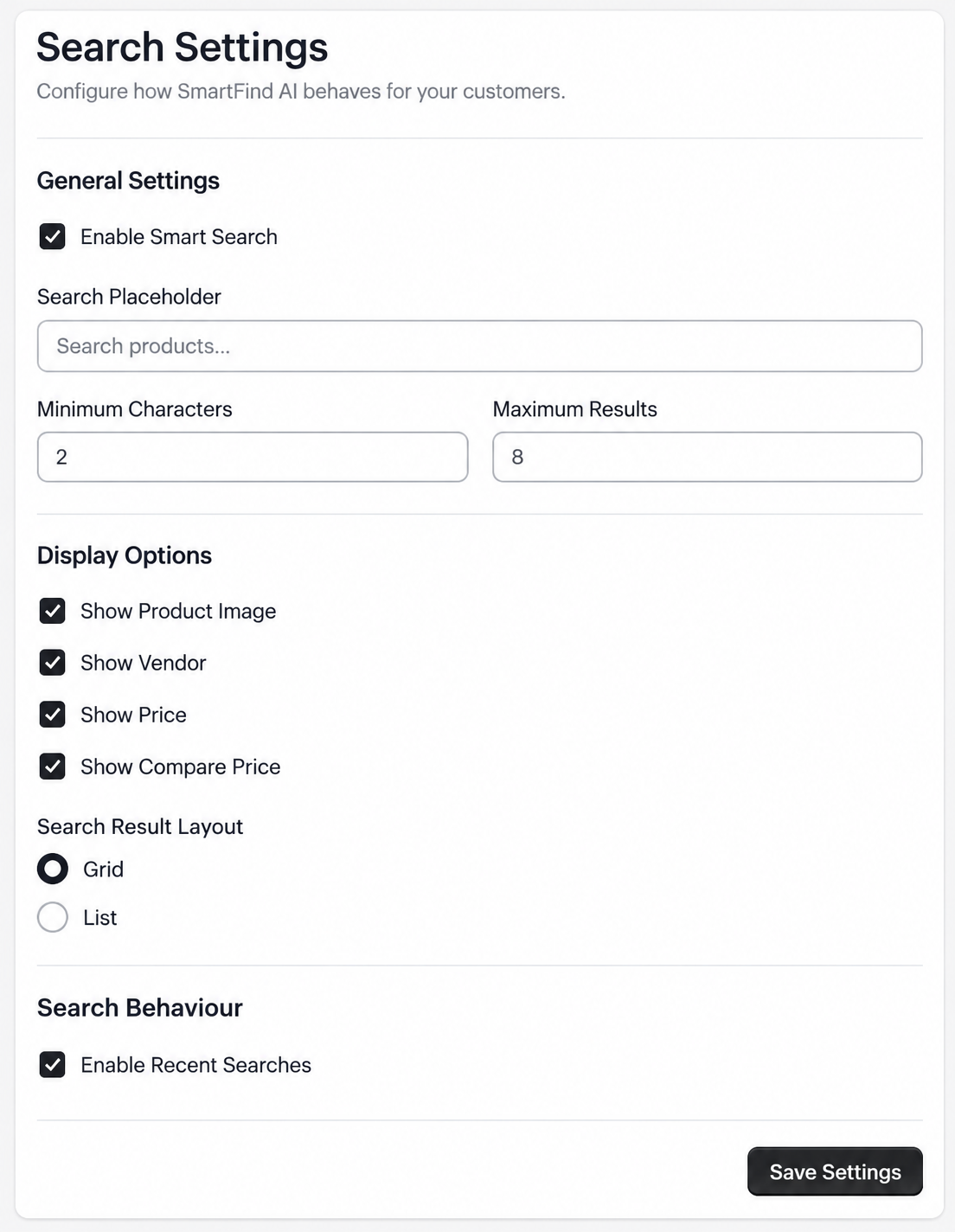 martFind AI Search settings page with the behavior and result display options