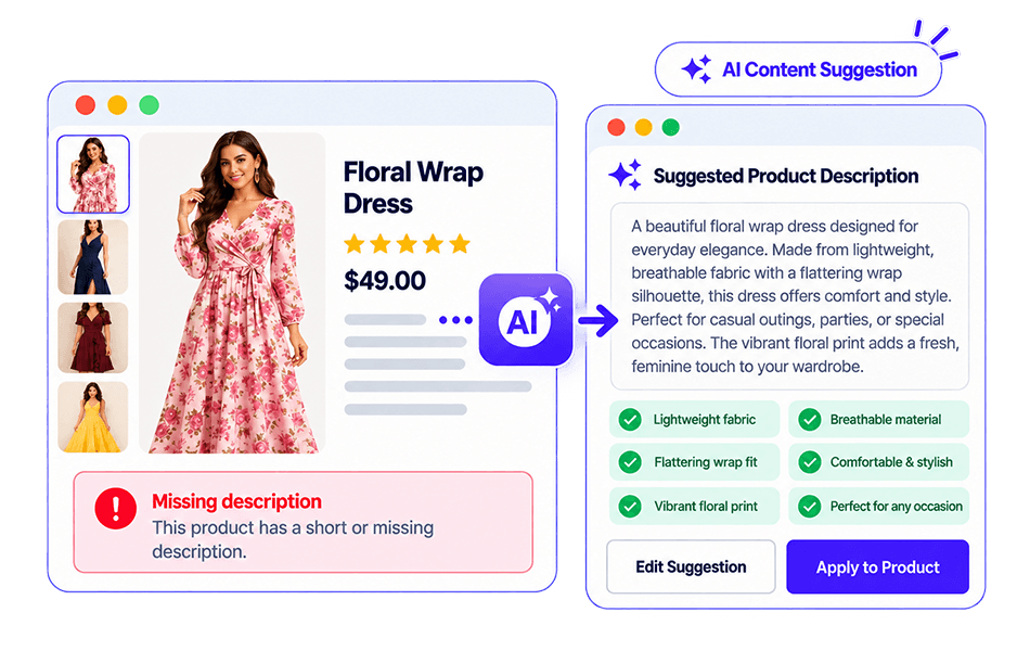 SmartFind AI flagging a product with a missing description and showing an AI-suggested product description with Edit Suggestion and Apply to Product buttons
