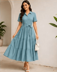 Teal tiered midi shirt dress